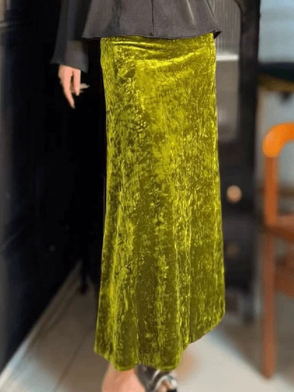 Chartreuse Crushed Velvet Skirt